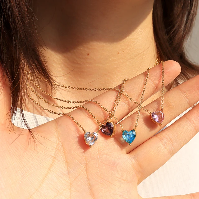 Gold Crystal marine blue heart necklace