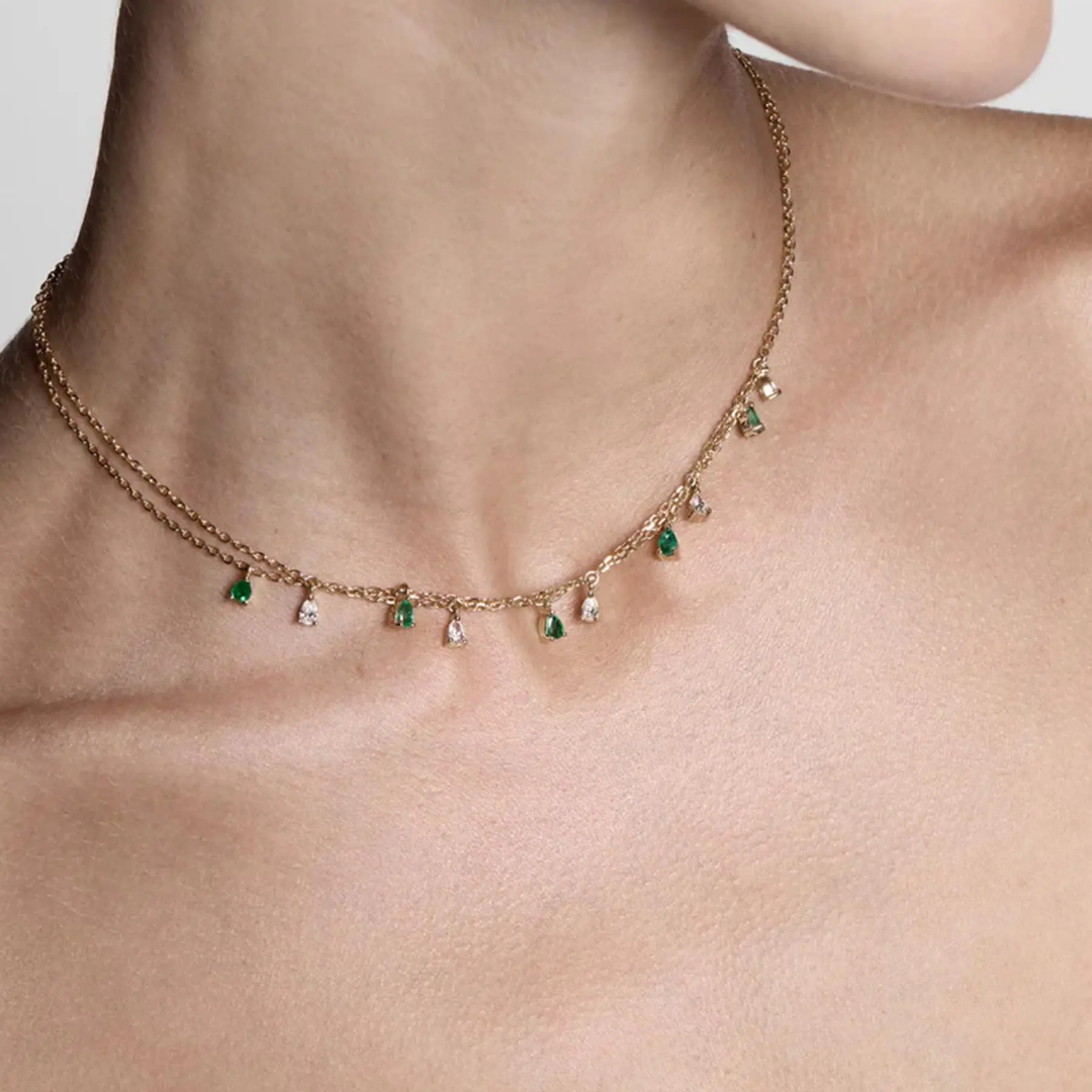 Emerald green water drop necklace. Single layer price 599. Model weared one is double layerd