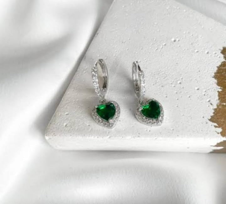 Silver Emerald heart huggie earrings