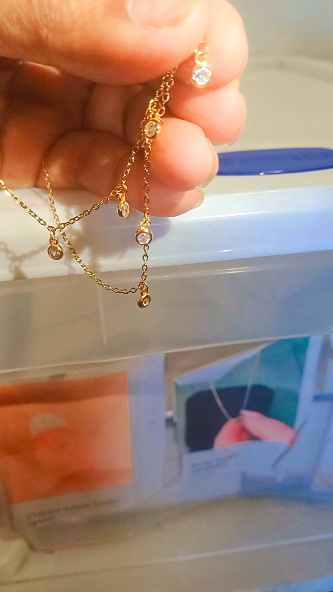 Round Dainty necklace. diamond stone covered gold thin border