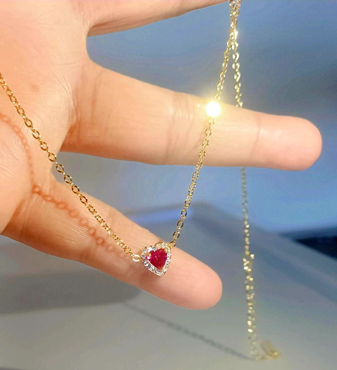 Ruby pink heart necklace very tiny size 2mm