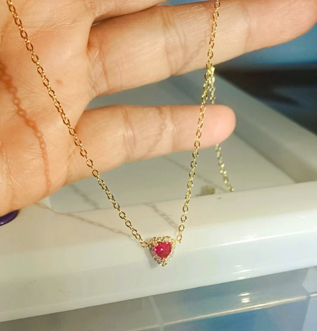 Ruby pink heart necklace very tiny size 2mm