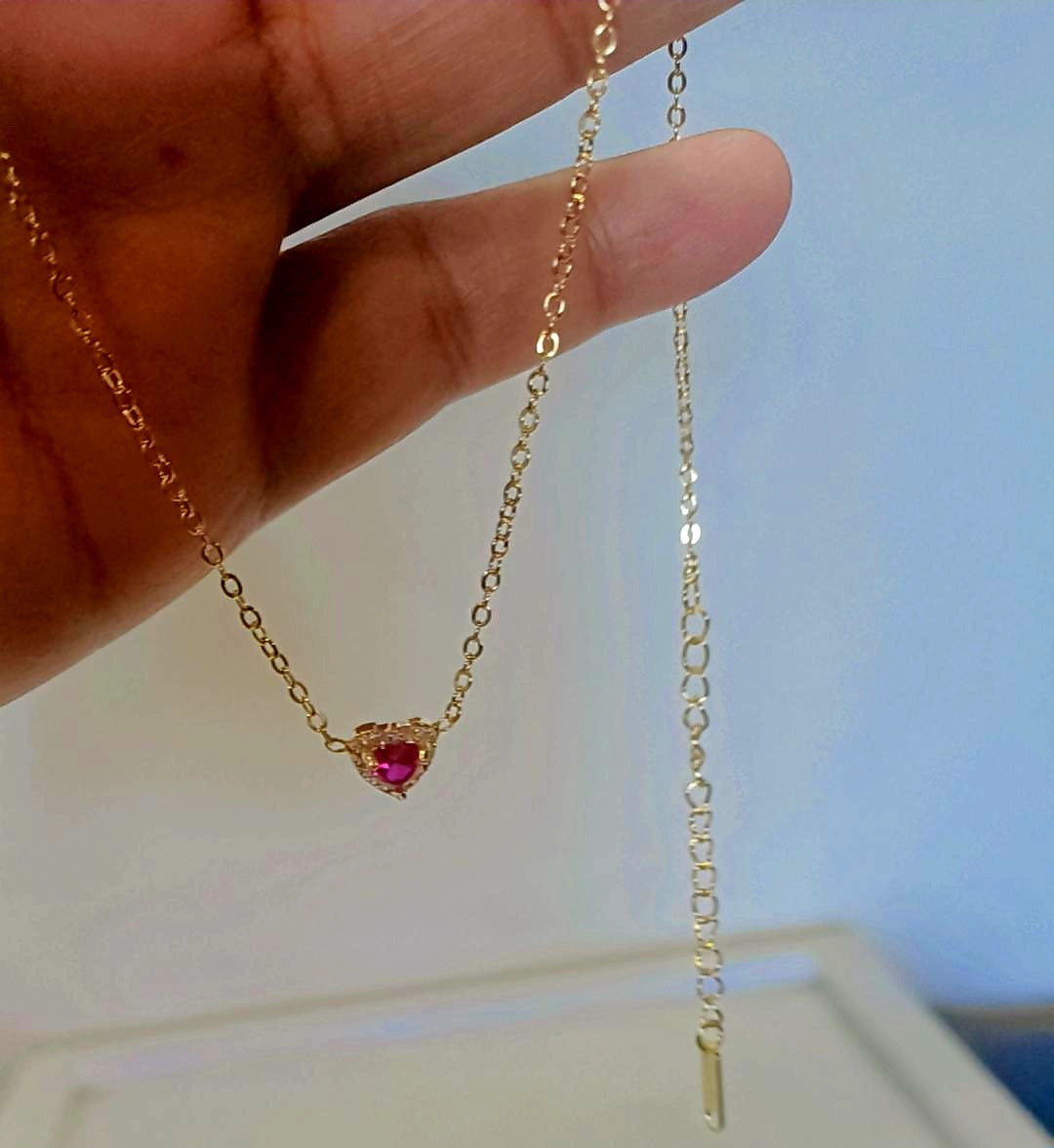 Ruby pink heart necklace very tiny size 2mm