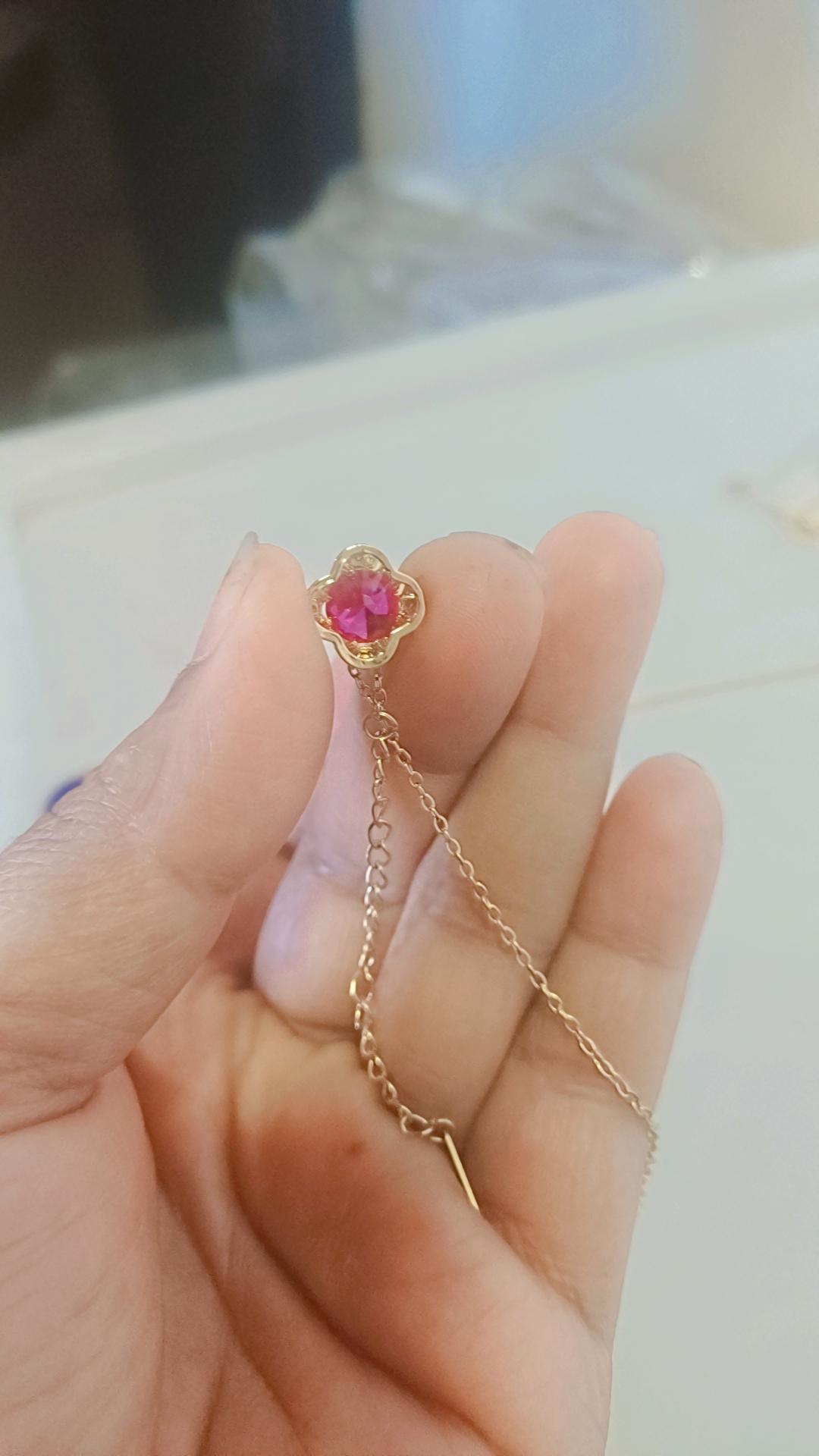 Gold dark pink clover necklace