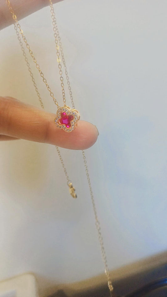 Gold  dark pink clover necklace