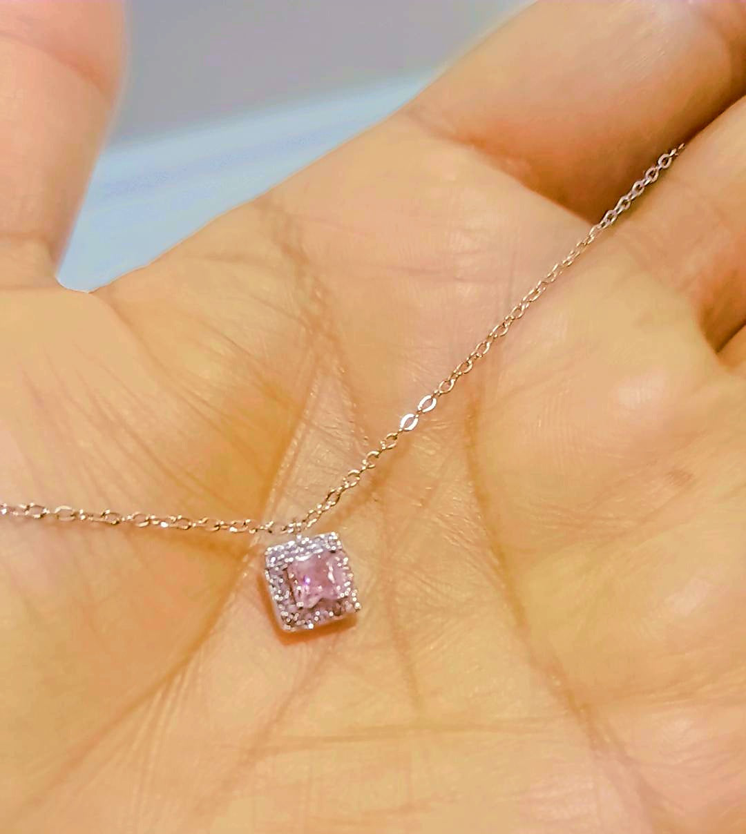 Baby pink silver square necklace