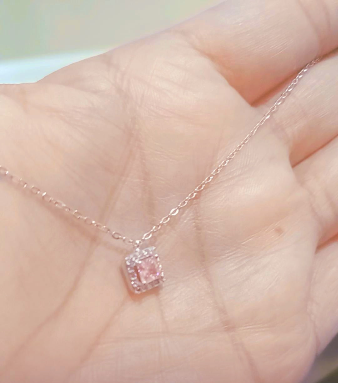 Baby pink silver square necklace