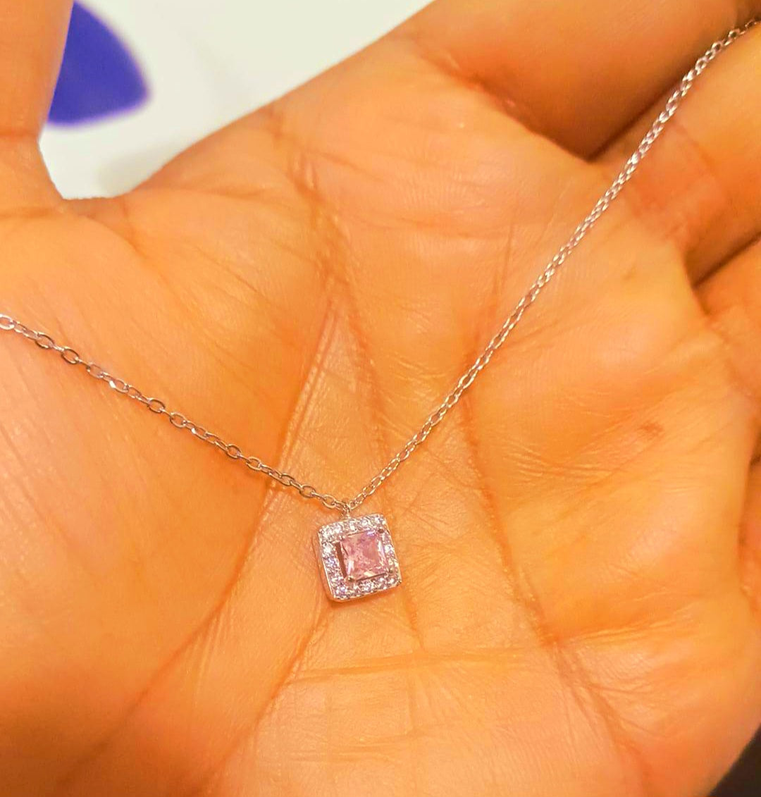 Baby pink silver square necklace