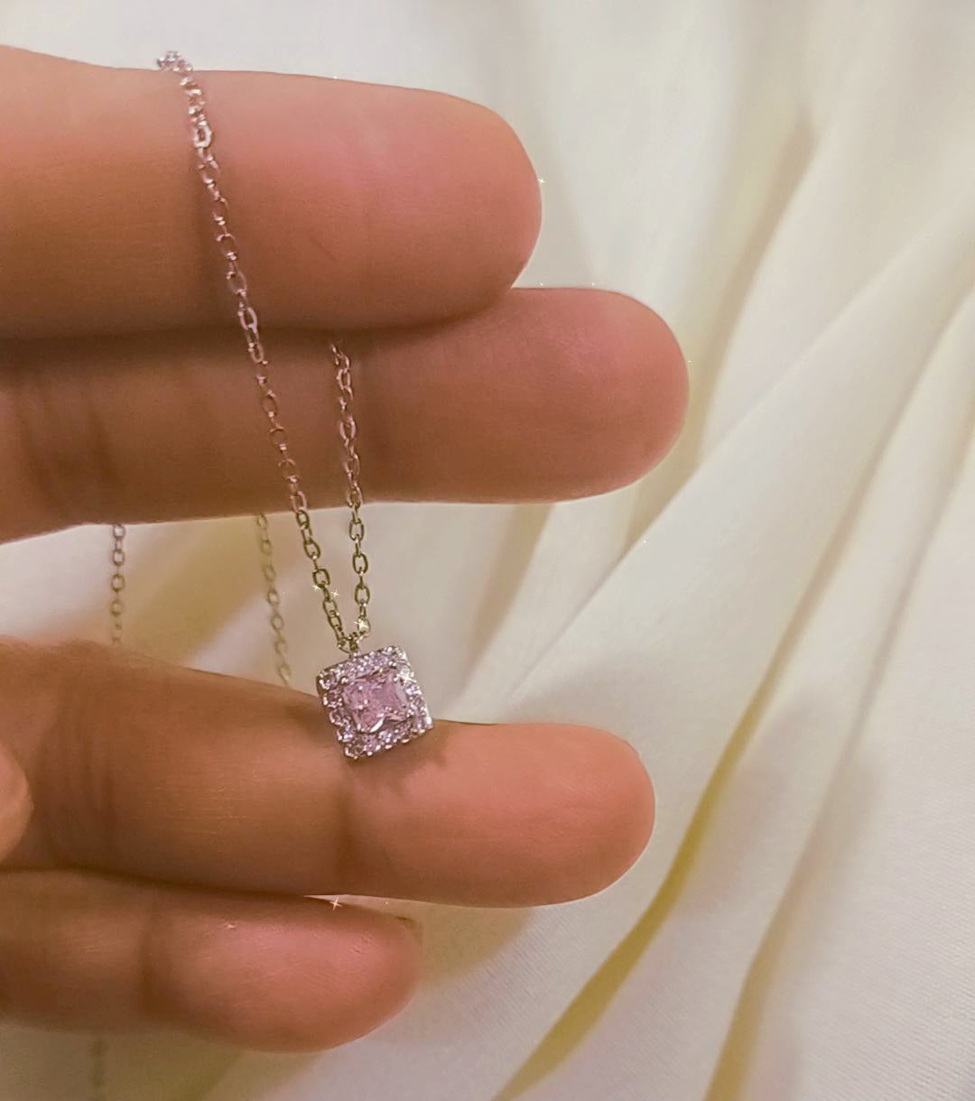Baby pink silver square necklace