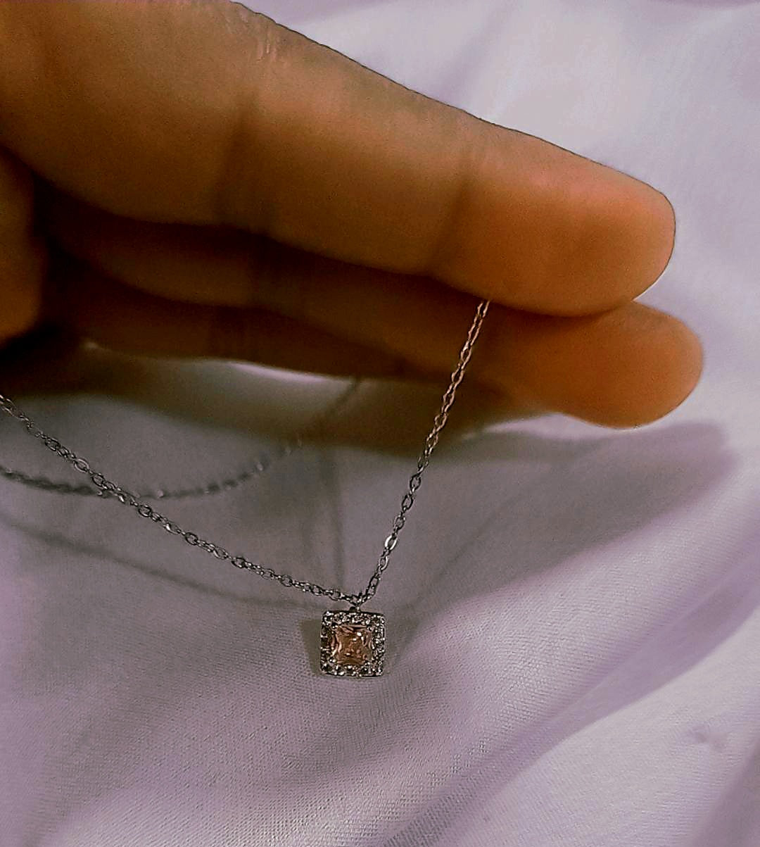 Baby pink silver square necklace