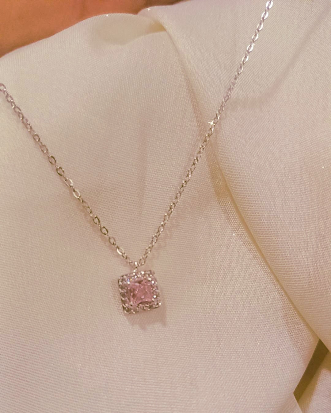 Baby pink silver square necklace