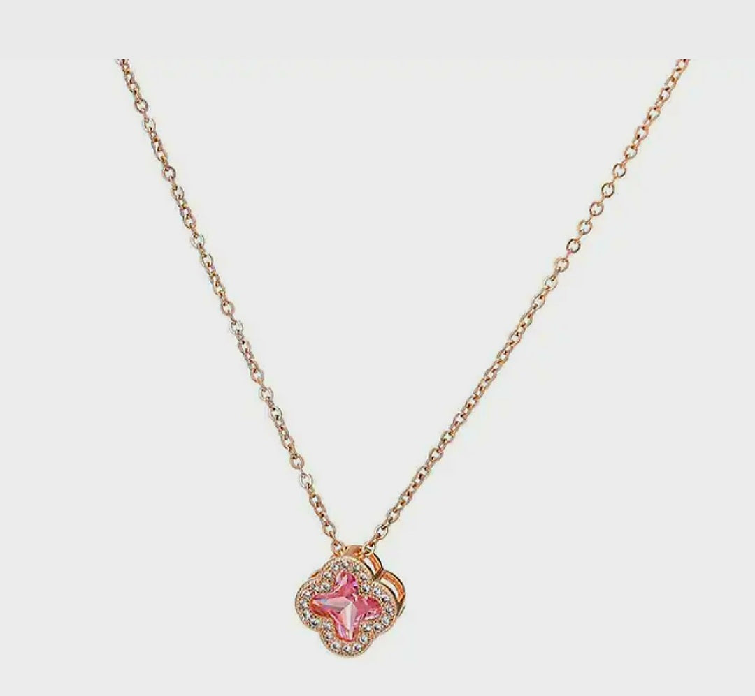 Gold dark pink clover necklace