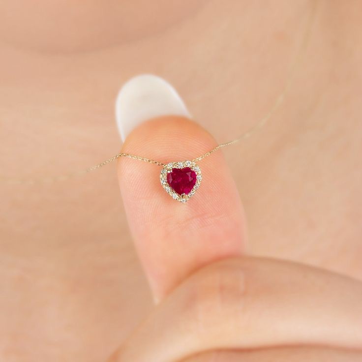 Ruby pink heart necklace very tiny size 2mm