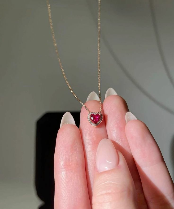 Ruby pink heart necklace very tiny size 2mm