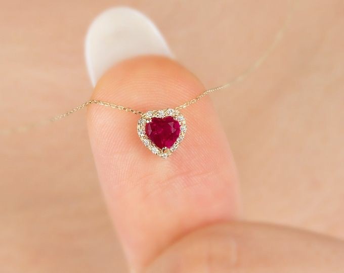 Ruby pink heart necklace very tiny size 2mm