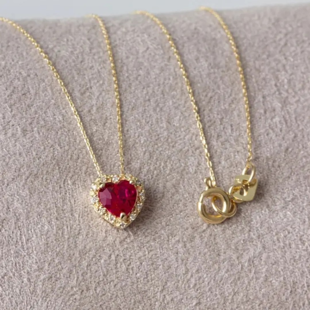 Ruby pink heart necklace very tiny size 2mm