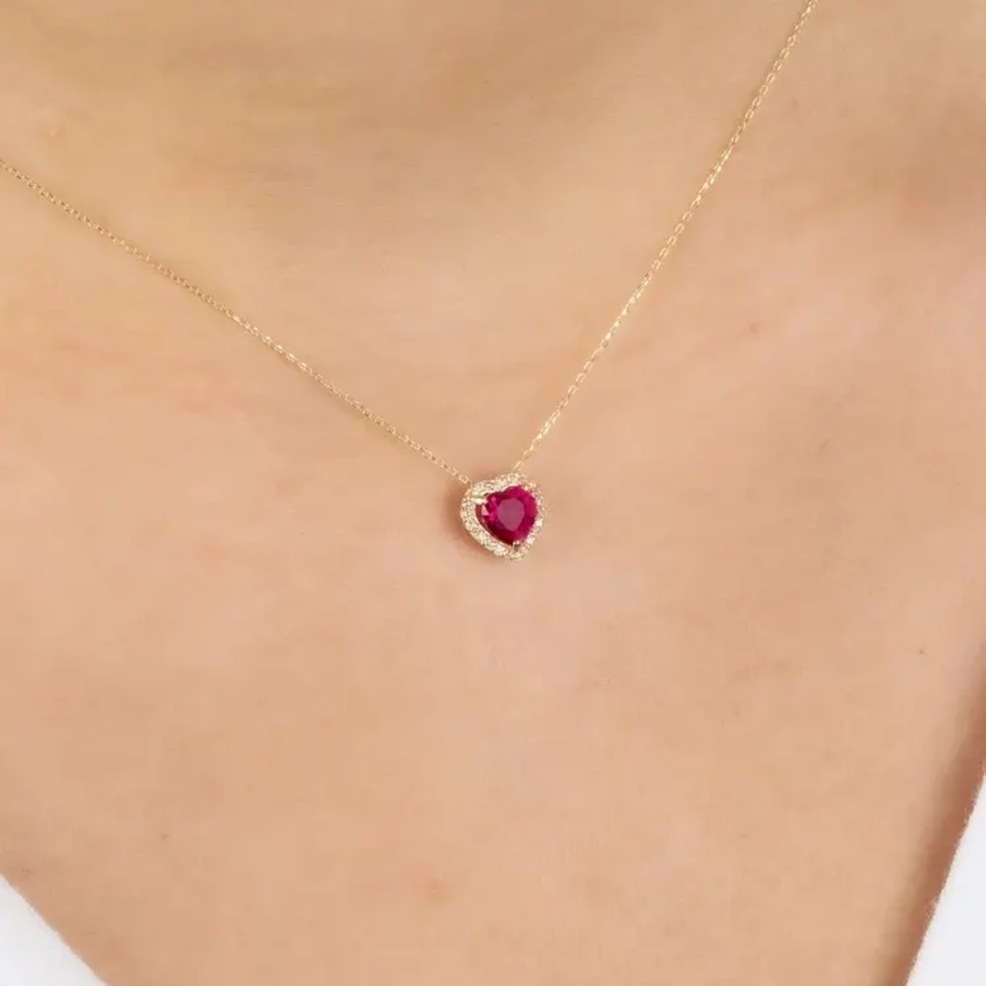 Ruby pink heart necklace very tiny size 2mm