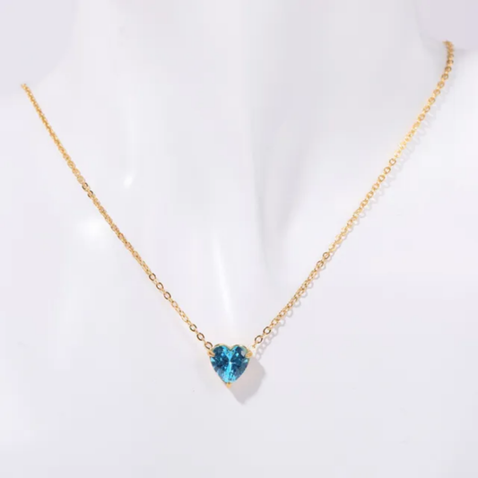 Gold Crystal marine blue heart necklace