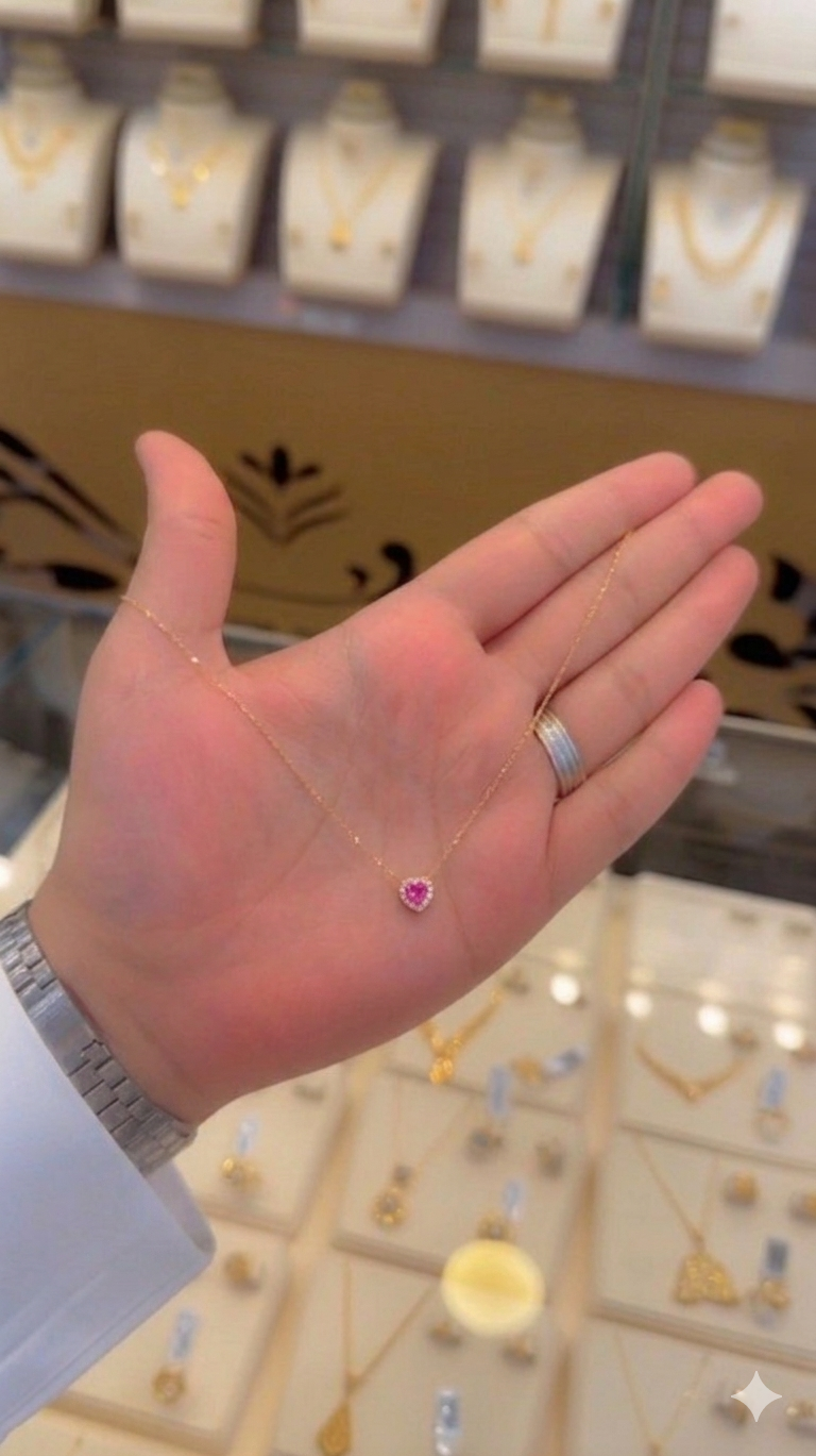 Ruby pink heart necklace very tiny size pendant 3 mm