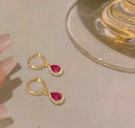 Ruby pink pear shape  earing