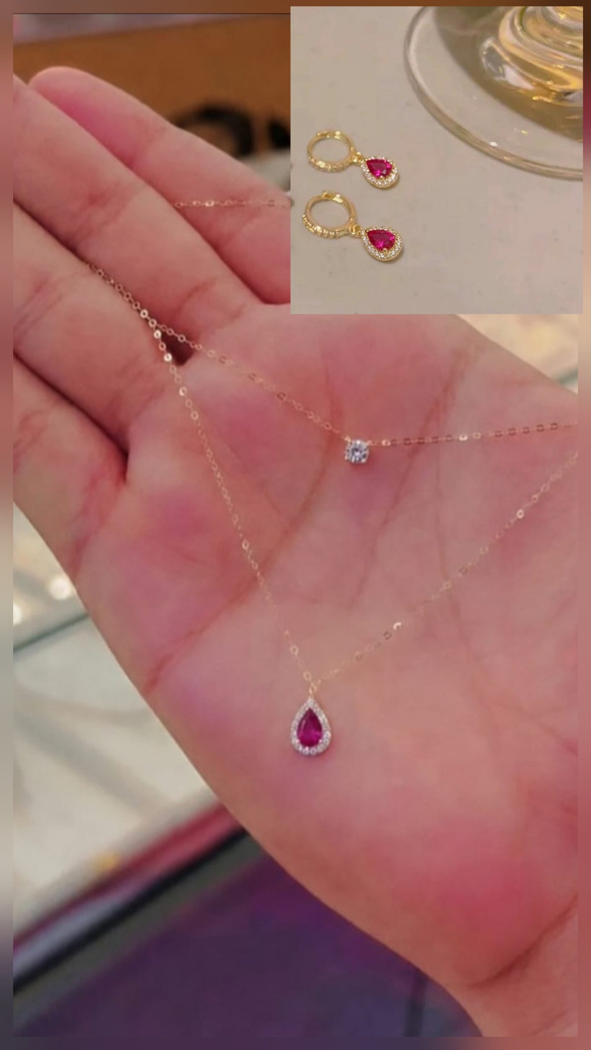 2 layer ruby pink necklace + earing