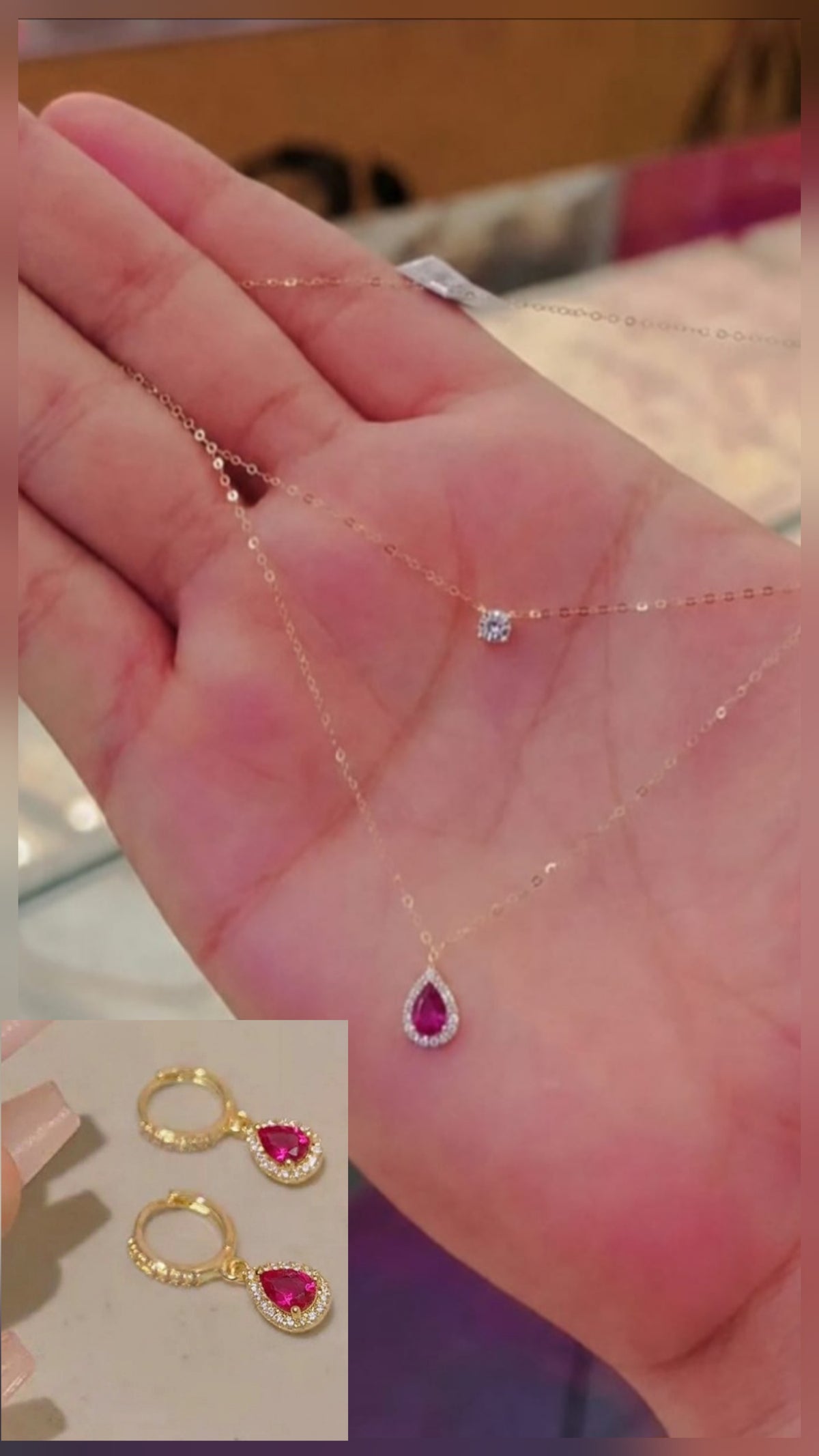 2 layer ruby pink necklace + earing