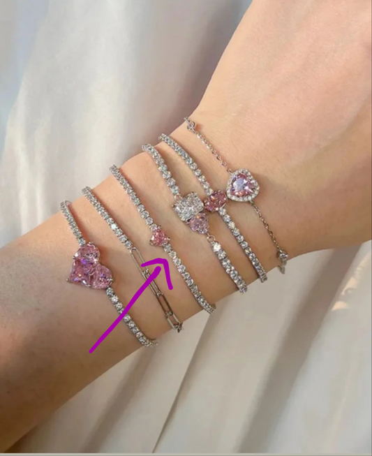 Baby pink heart tennis bracelet 19cm length stone size 2mm