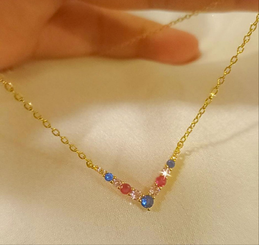 Gold multi diamond V necklace