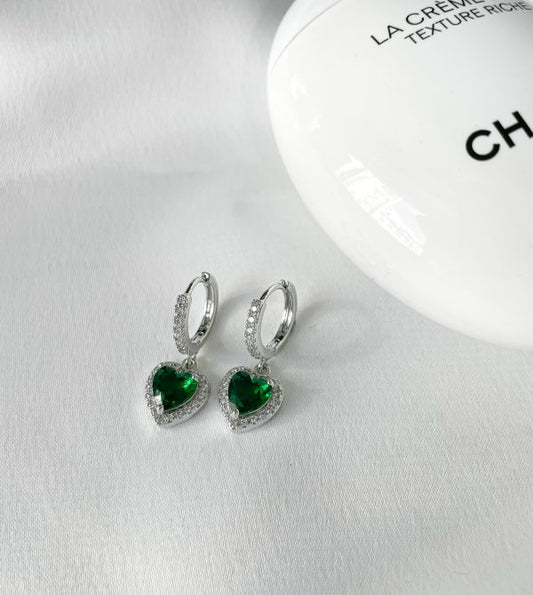 Silver Emerald heart  huggie earrings