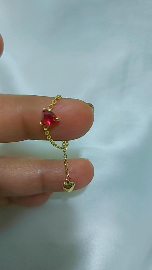 Red wine heart chain rings adustable