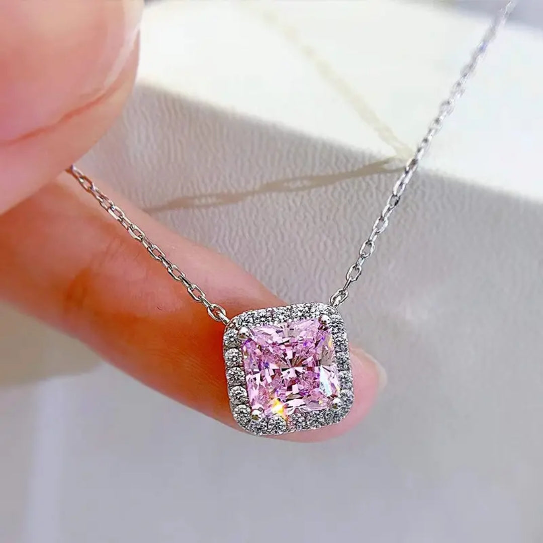 Baby pink silver square necklace