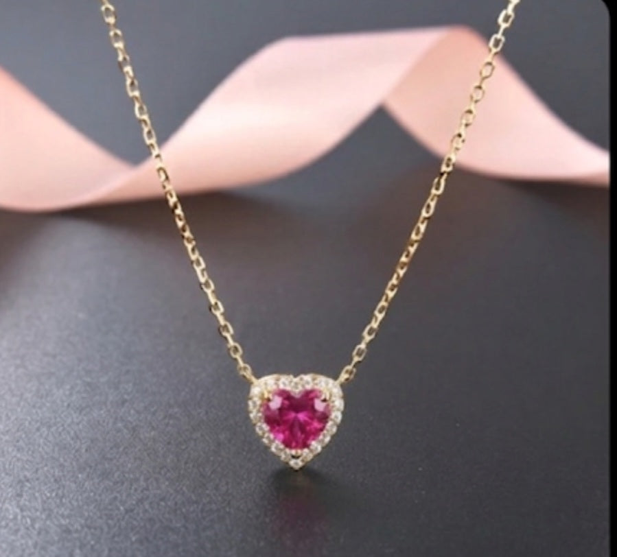 Ruby pink heart necklace very tiny size pendant 3 mm