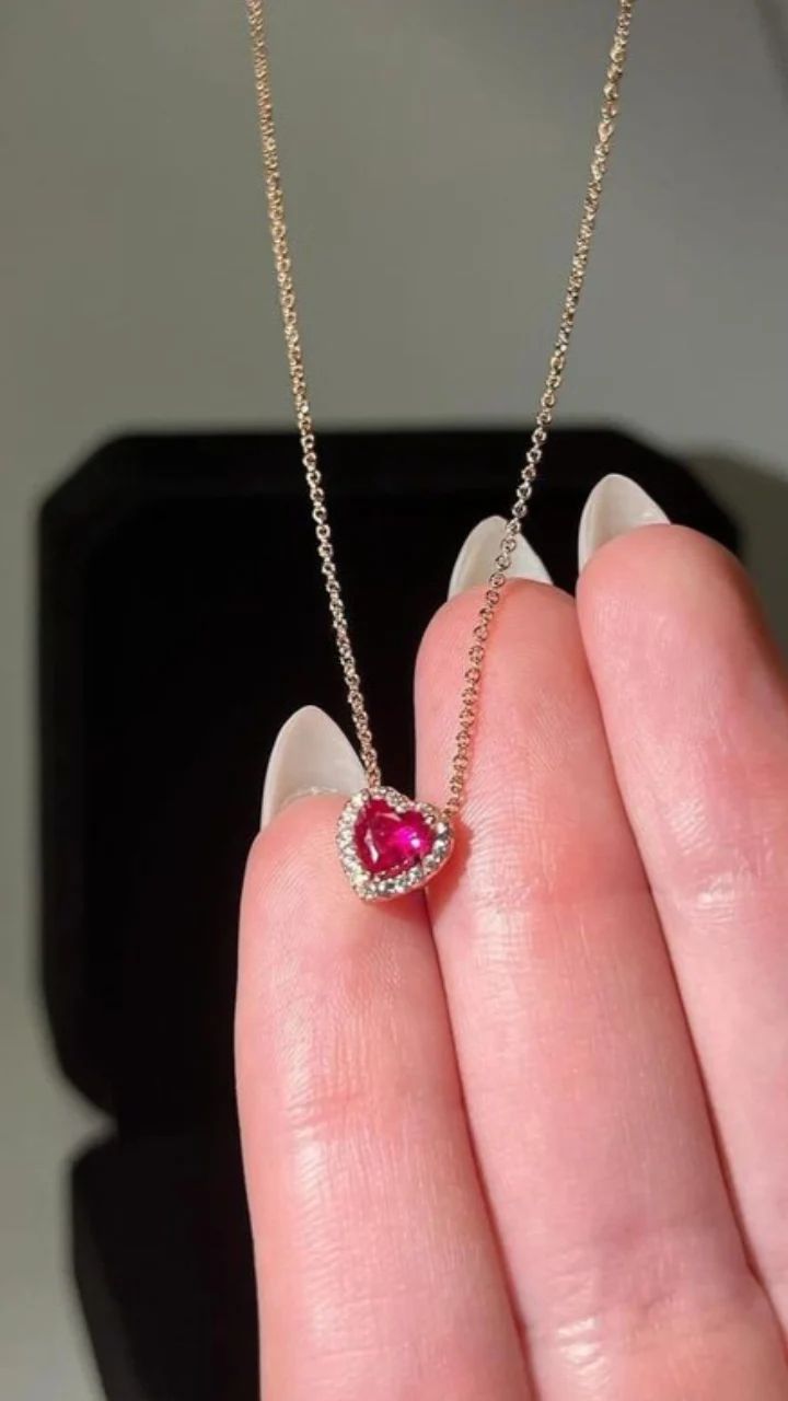 Ruby pink heart necklace very tiny size pendant 3 mm