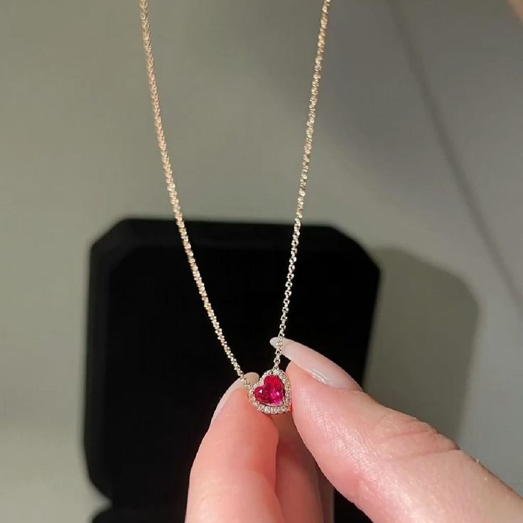 Ruby pink heart necklace very tiny size pendant 3 mm