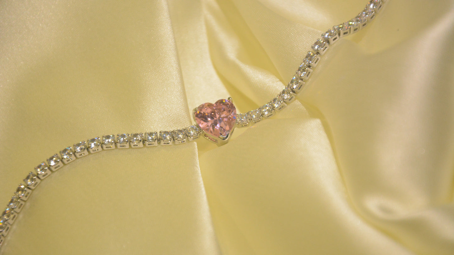 Baby pink heart tennis bracelet 19cm length stone size 2mm